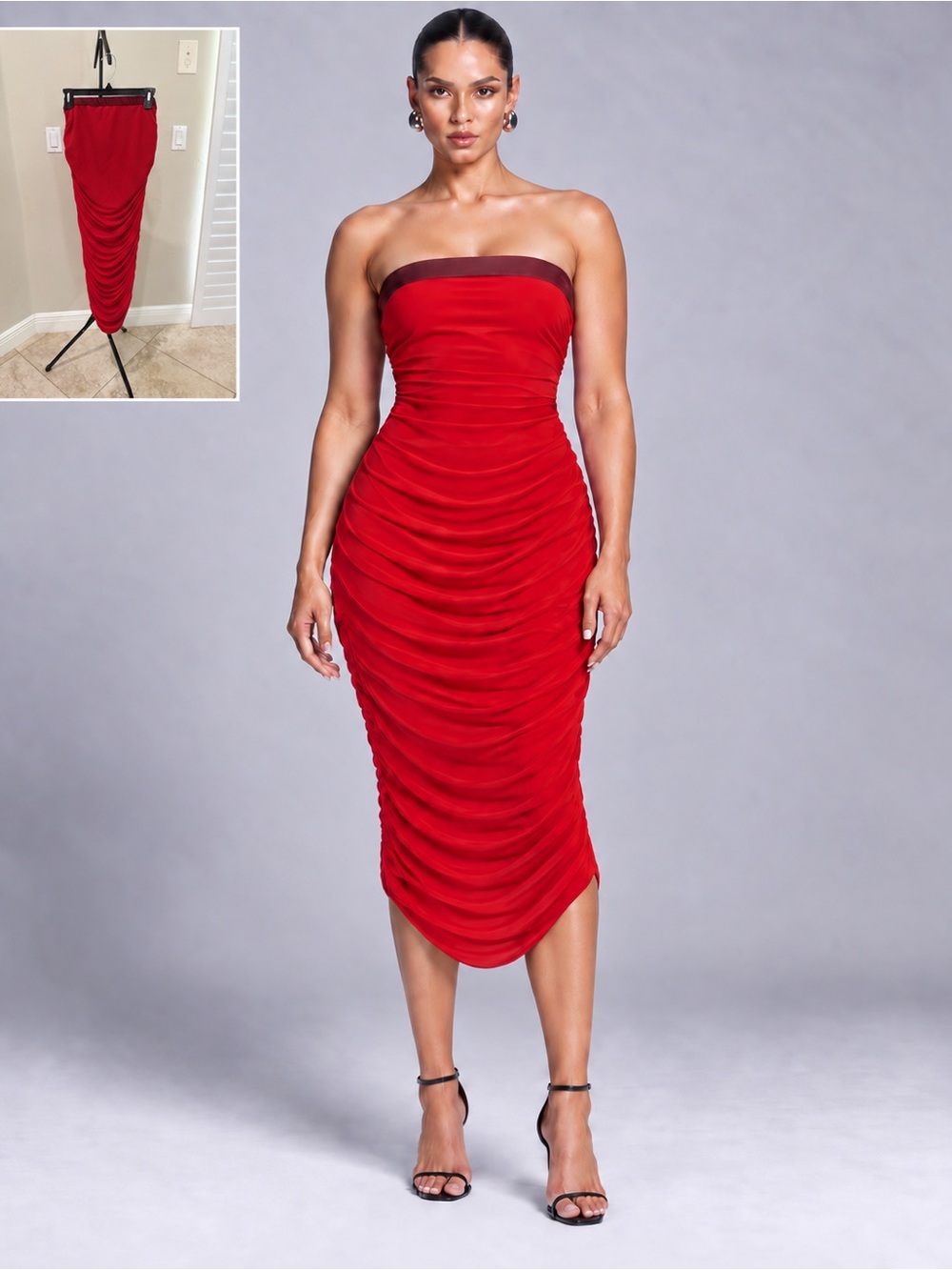 MESH SIMONMILLER Red Burgundy Strapless Ruched Bodycon Midi Dress Sleek
